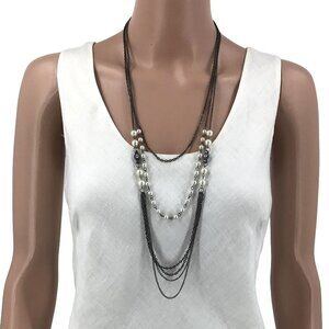 Multi Strand Necklace Black White Faux Pearl Rhinestone Accent Adjustable Length